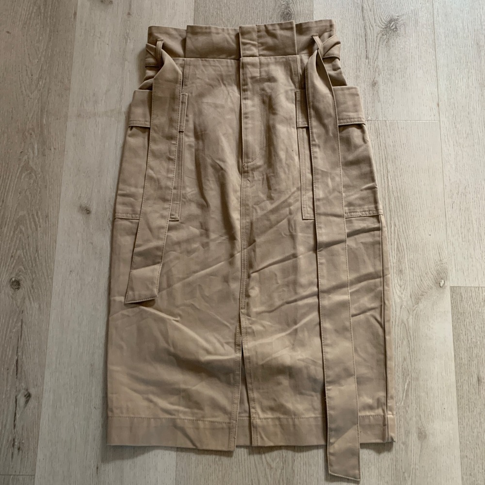 HM Women Khaki Tan Paperbag Waist Pencil Skirt Tie Belt Cargo Pockets Size 6 new